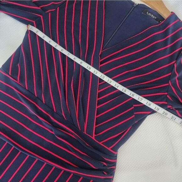 Ralph Lauren Red and Blue Ruched Faux Wrap Dress V-Neck - Picture 5 of 11